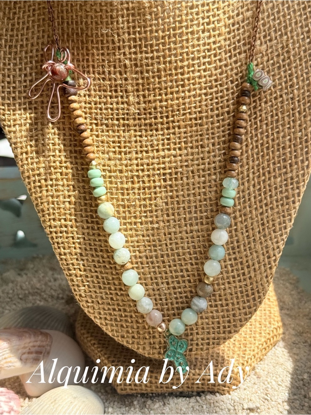 SINGLE STRAND Beaded Necklace with Silver Shell Pendant AMAZONITE